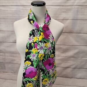 Vintage 70s Floral Black Narrow Scarf with Purple and White Flowers